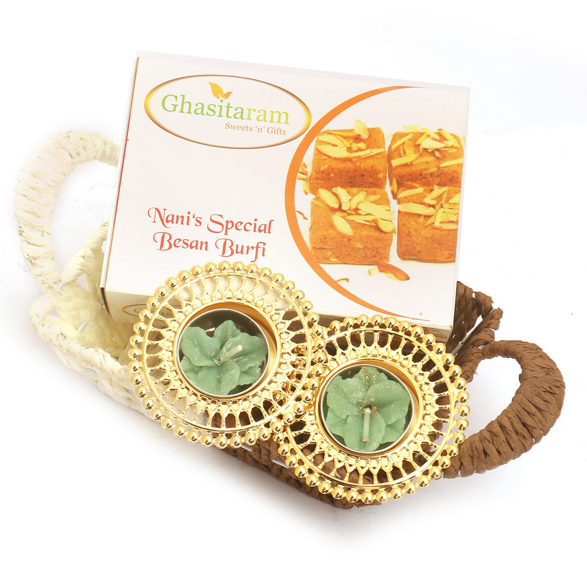 Small Metal Brown Basket Of Besan Barfi and T-Lite 