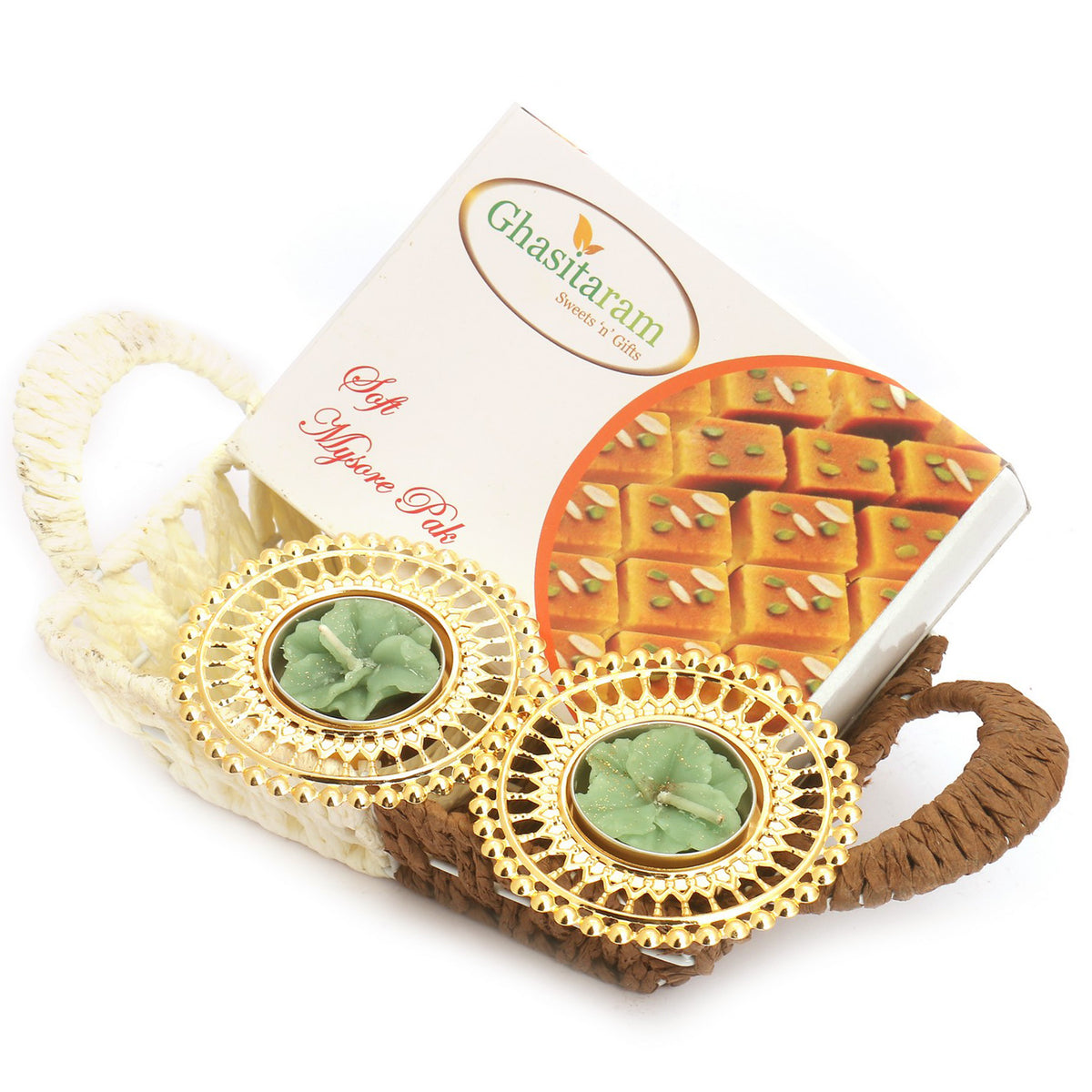 Small Metal Brown Basket Of Mysore Pak and T-Lite 