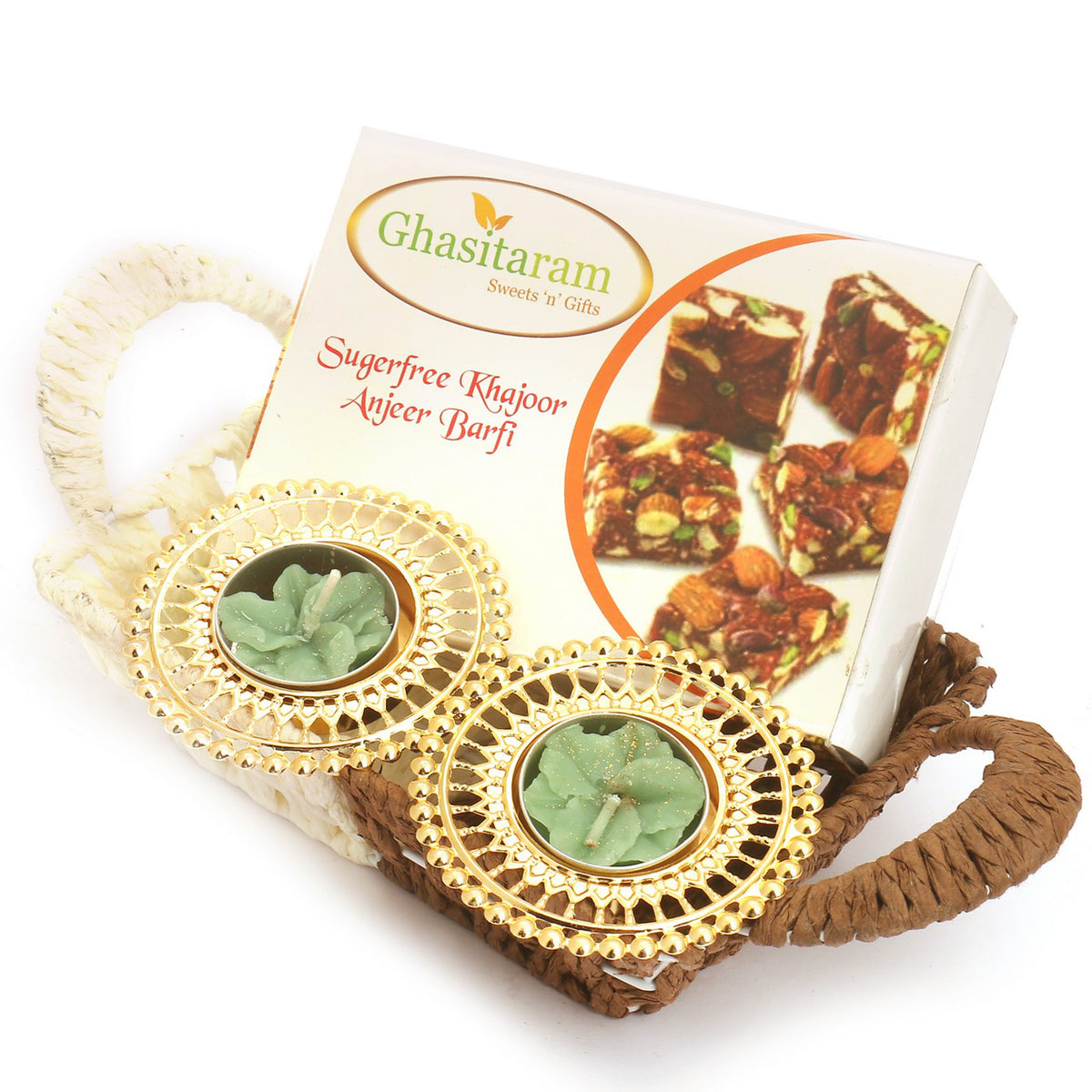 Small Metal Brown Basket Of Sugarfree Bites and T-Lite 