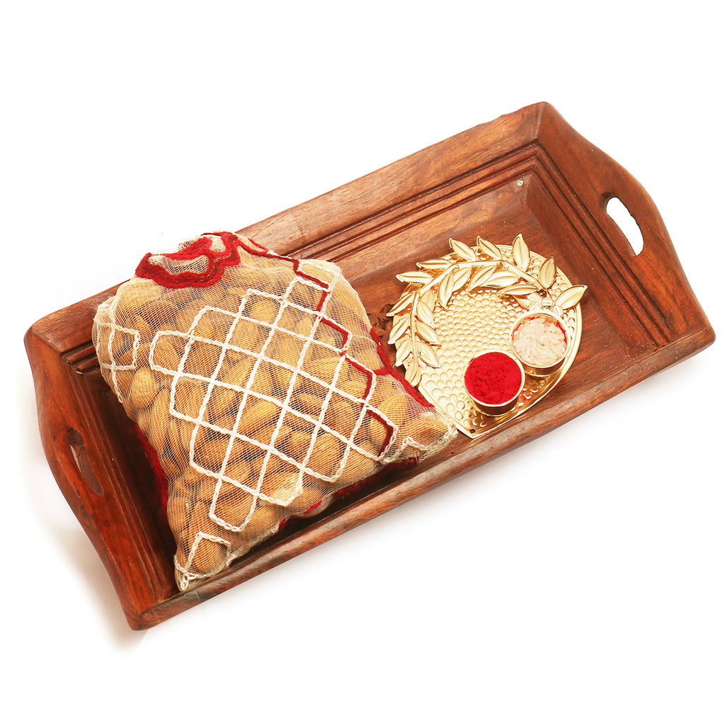 Small Wooden Serving Tray with Almonds Pouch and Pooja Thali with