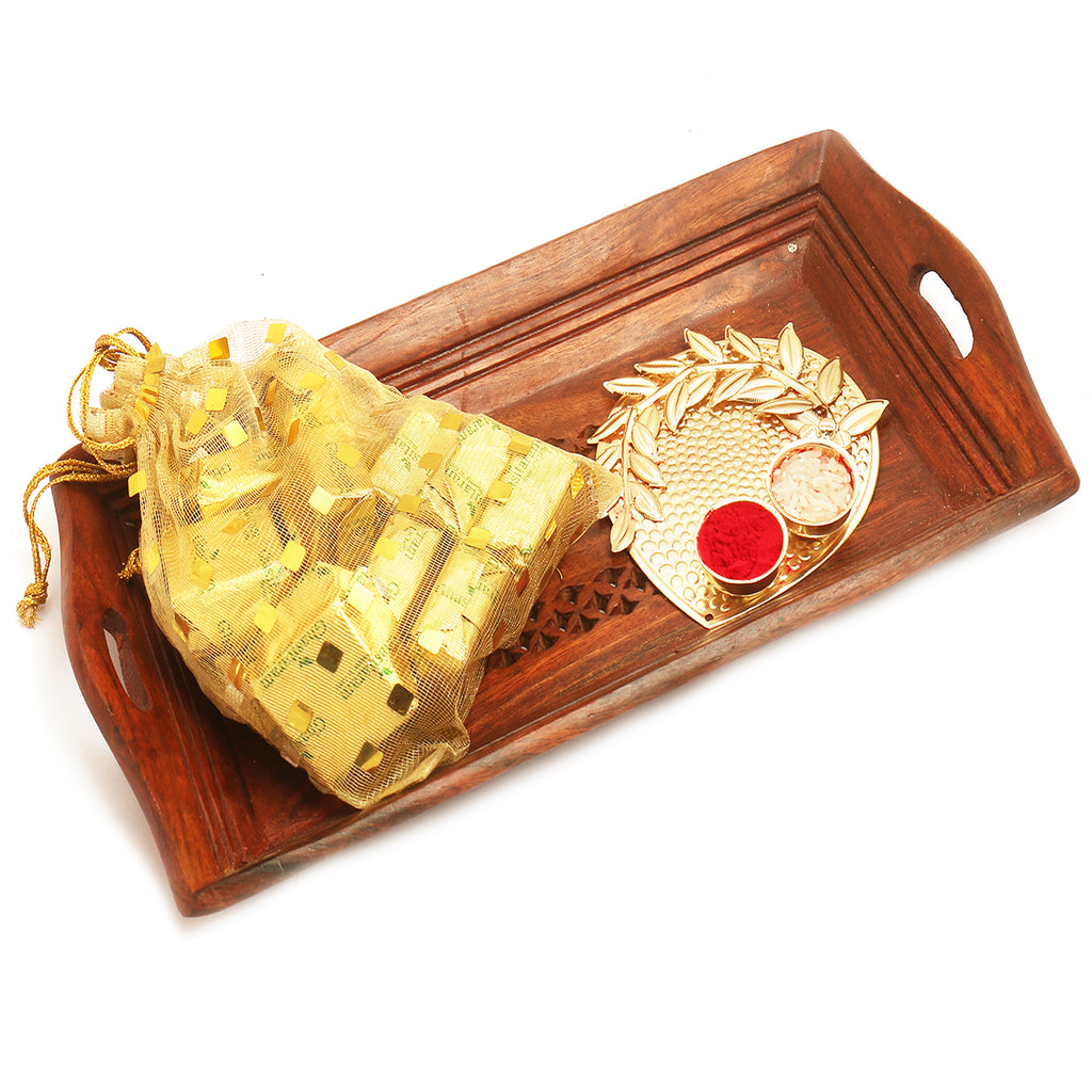 Small Wooden Serving Tray with Chocolates Pouch and Pooja Thali