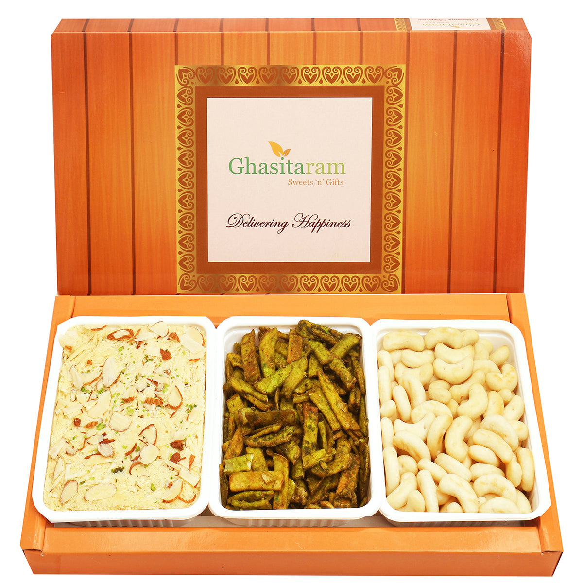 Diwali Gifts-Soan Papdi,Cashew Shaped Biscuits and Palak Potato Chips