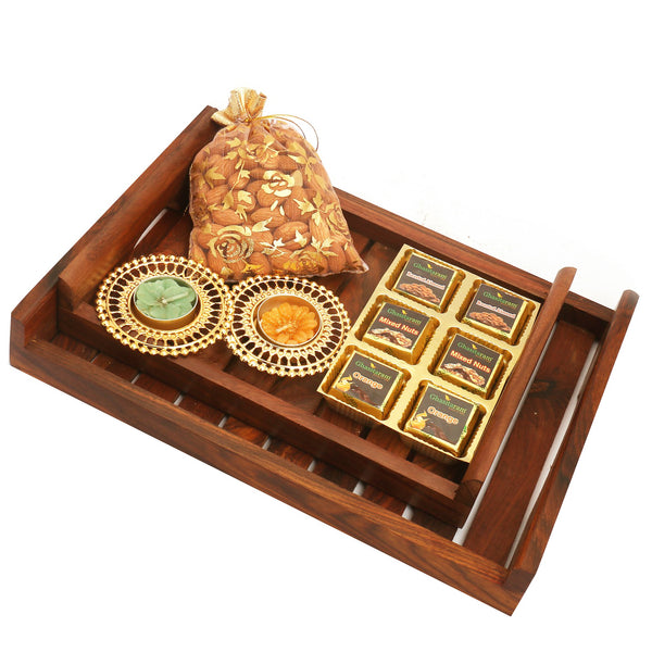  Set of 2 Striped Wooden Tray with Assorted Chocolates, Almonds and 2 T-lites