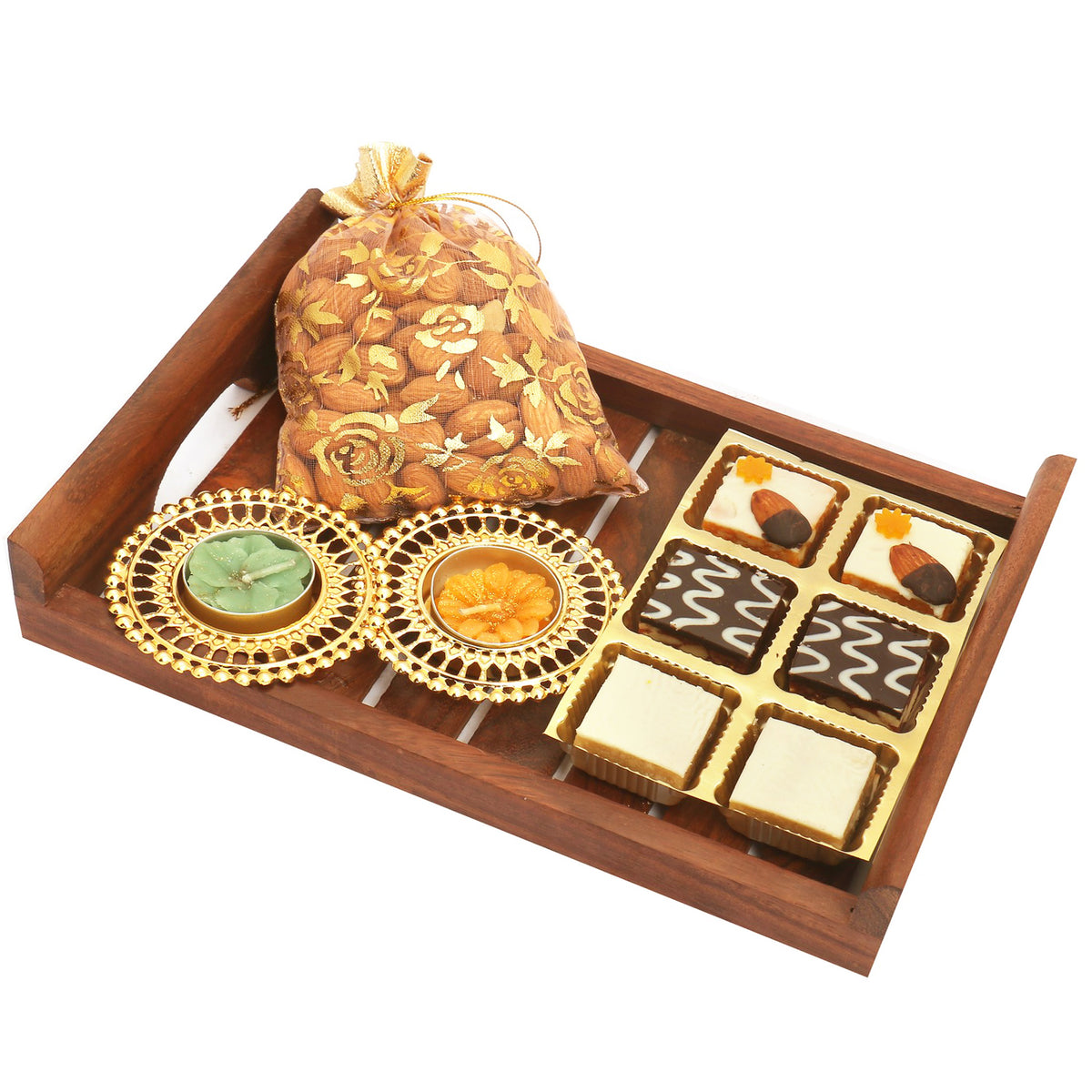 Striped Wooden Tray with Choco Dryfruit Bites, Almonds and 2 T-lites