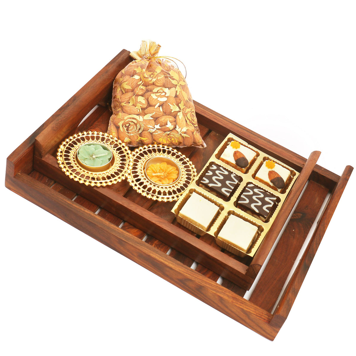 Set of 2 Striped Wooden Tray with Choco Dryfruit Bites, Almonds and 2 T-lites