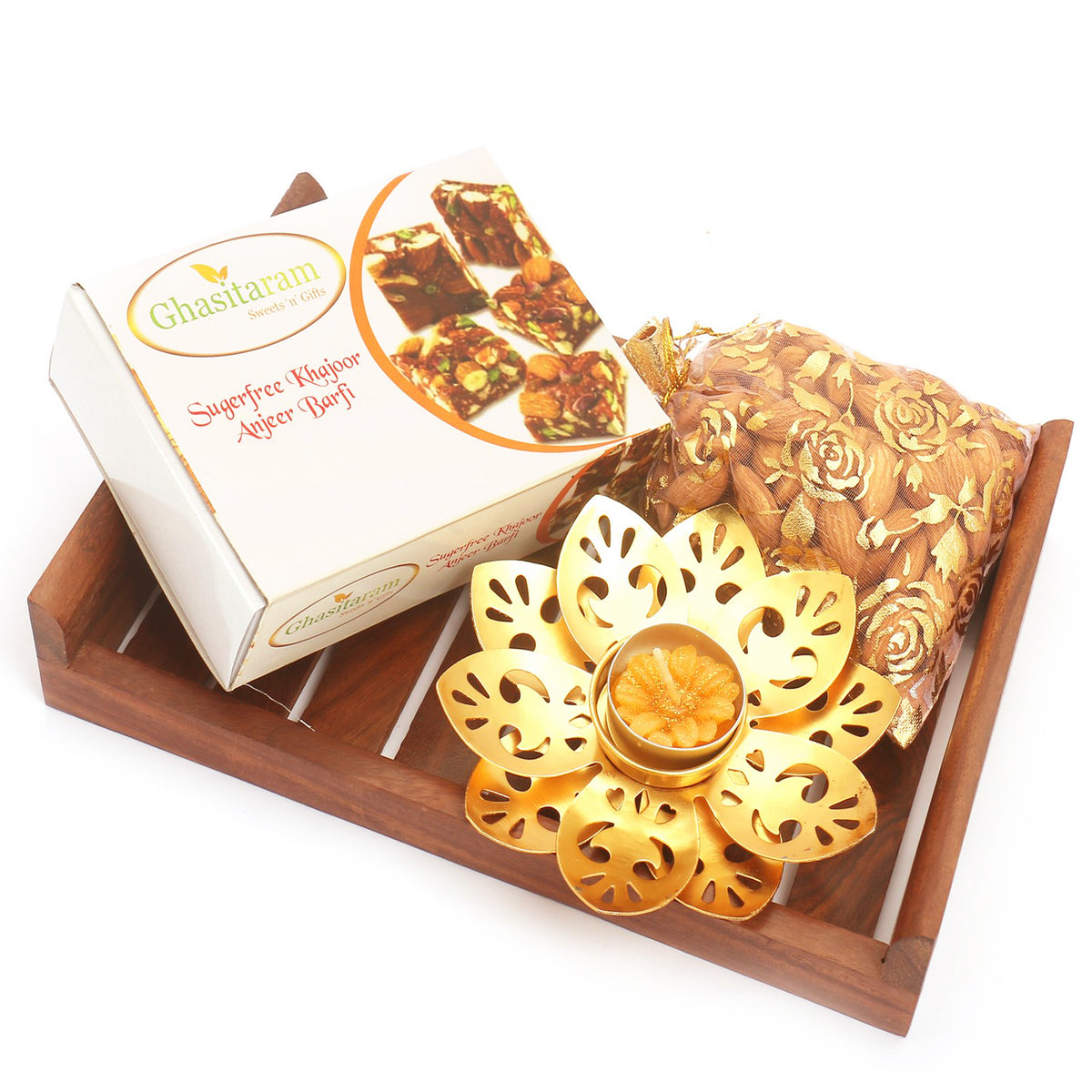 Striped Wooden Tray with Sugarfree Bites, Almonds and T-lite