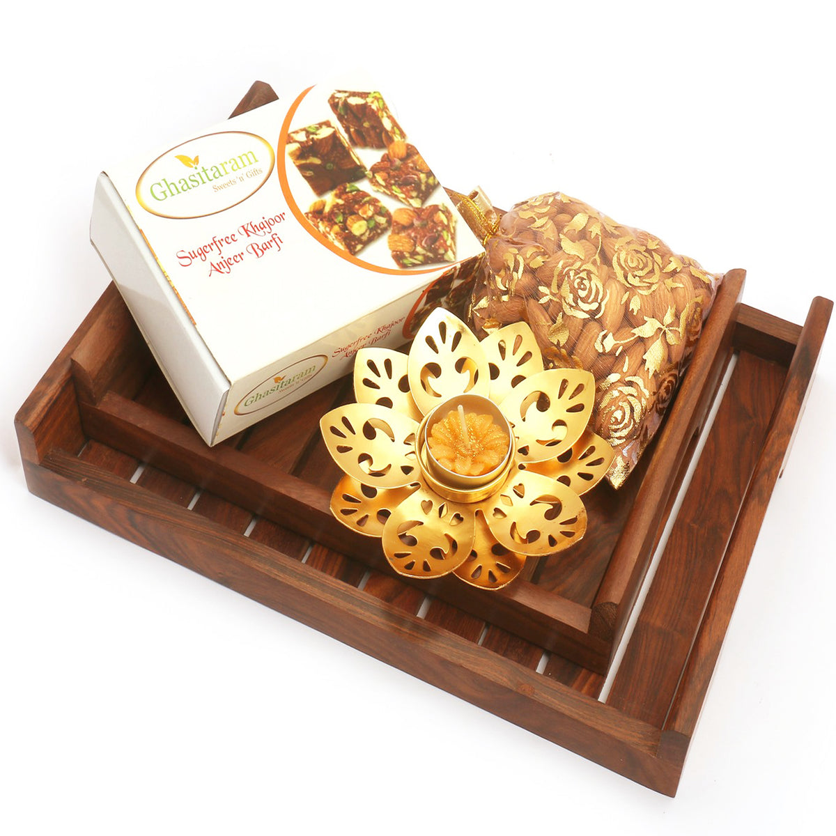 Set of 2 Striped Wooden Tray with Sugarfree Bites, Almonds and T-lite