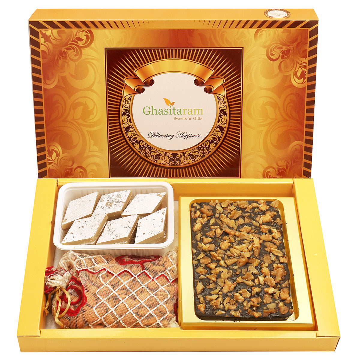 Diwali Gifts-Big Box Of Walnut Chocolate Bark, Almonds and Kaju Katli