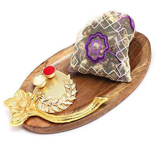  Wooden Platter with Pooja Thali and Sugarfree Dates and Figs Bites Pouch