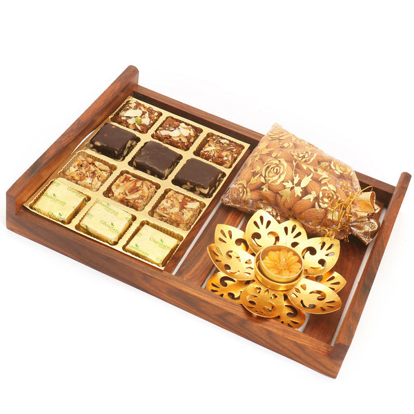 Wooden 12 pcs Assorted Bites Serving Tray with T-lite and Almonds Pouch