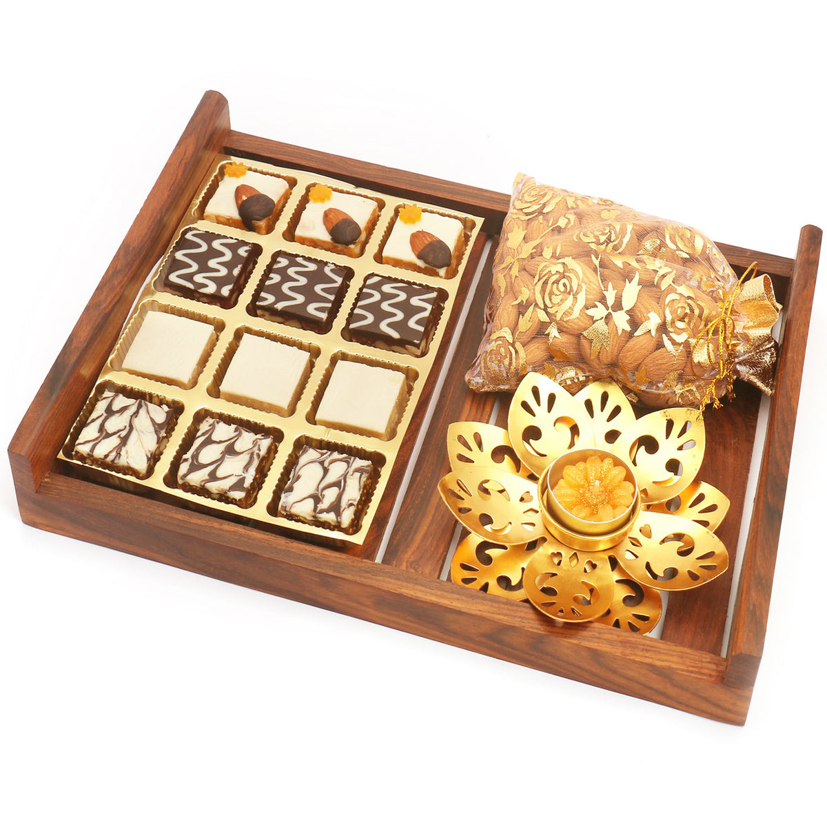 Wooden 12 pcs Choco Dryfruit Bites Serving Tray with T-lite and Almonds Pouch