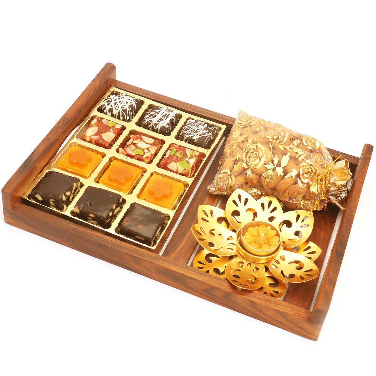 Wooden 12 pcs Ghasitaram Special Bites Serving Tray with T-lite and Almonds Pouch