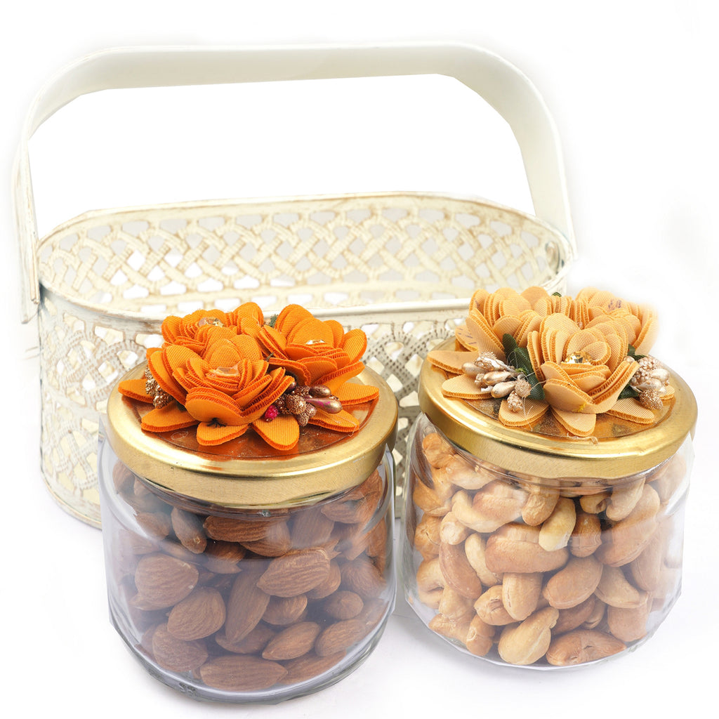 2 Jar Metal Basket of Roasted Almonds and Roasted Cashews