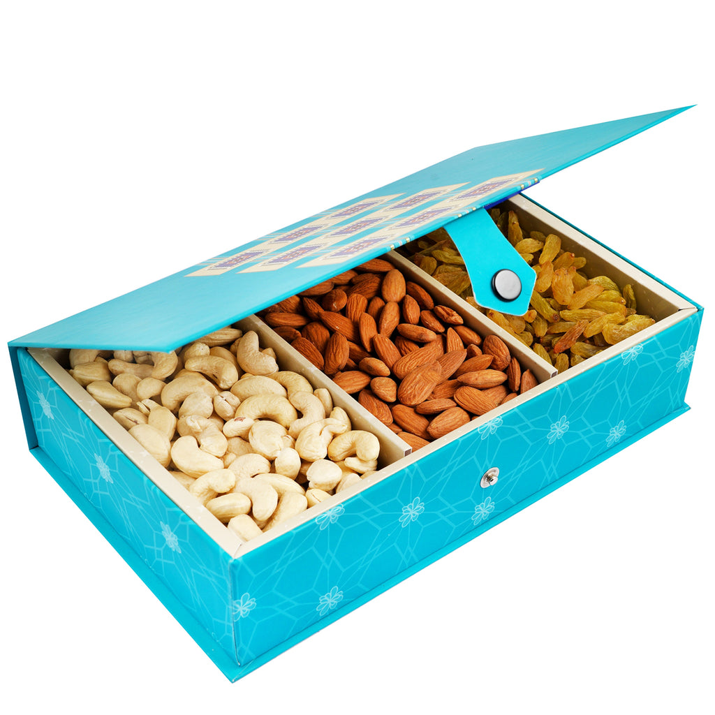 Blue Rectangular box of Cashews, Almonds and Raisins 300 gms