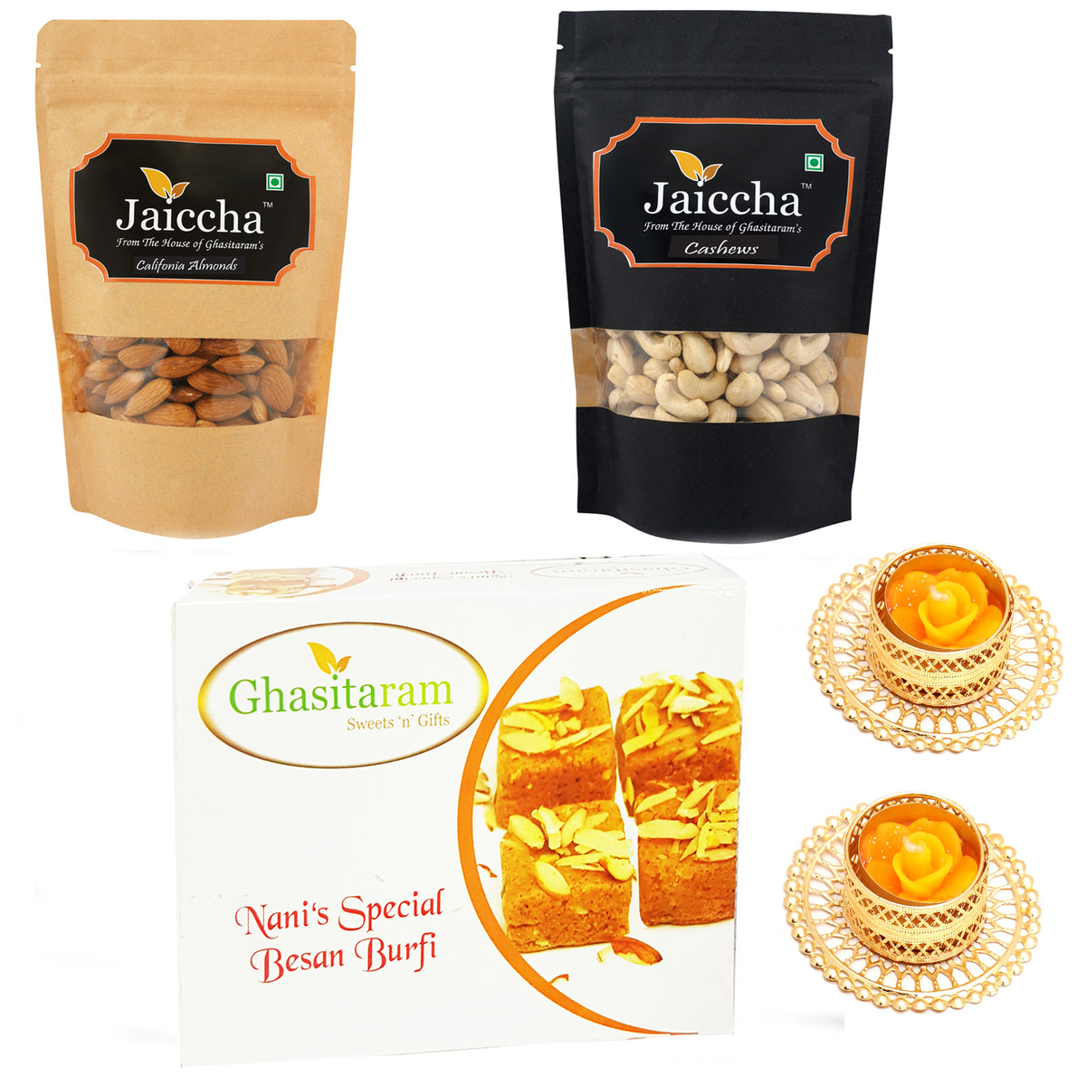 Best of 3 Almonds, Cashews and Besan Barfi  with 2 T-lites
