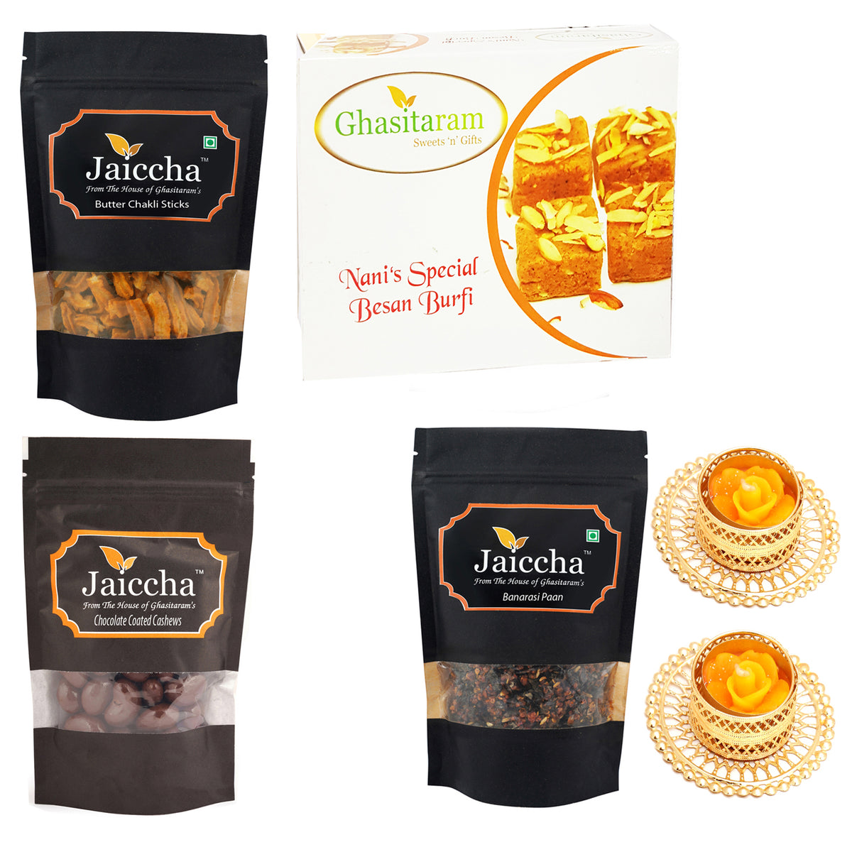 Best of 4 Besan Barfi, Butter Chakli Sticks, Banarsi Paan and Chocolate Coated Almonds  with 2 T-lites