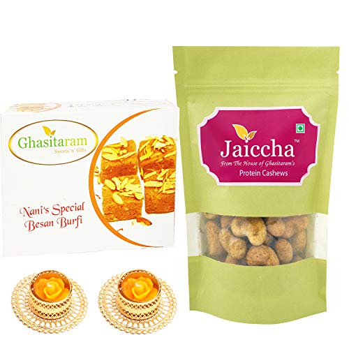 Best of 2 Besan Barfi and Crunchy Coated Cashews   with 2 T-lites