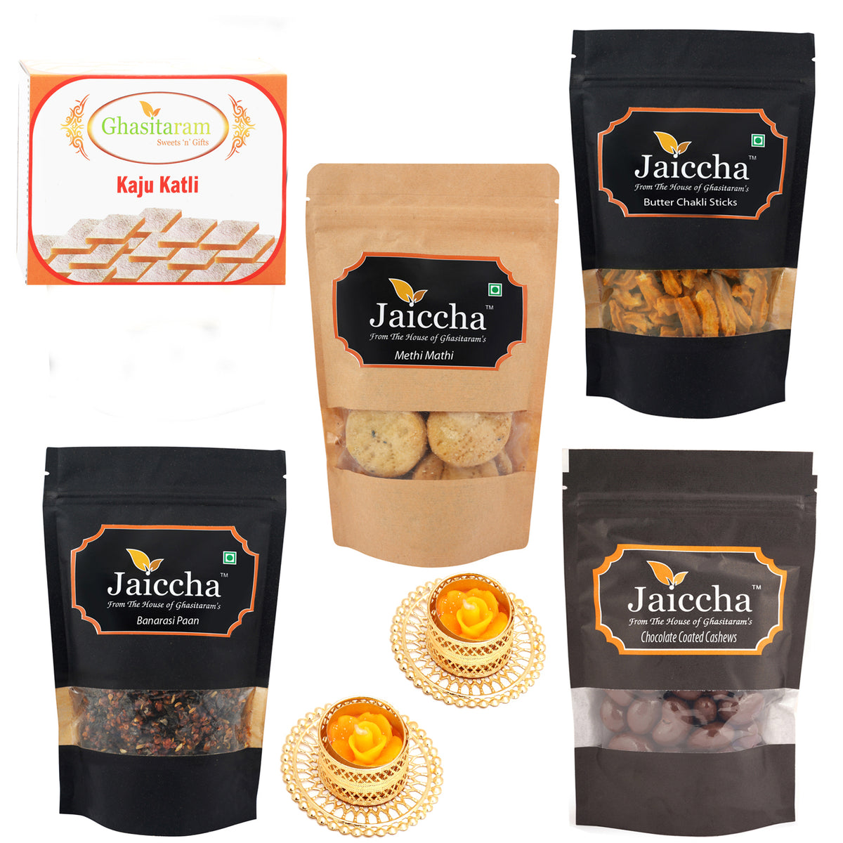 Best of 5 Kaju Katlis, Butter Chakli Sticks, Methi Mathi, Banarsi Paan and Chocolate Coated Almonds  with 2 T-lites