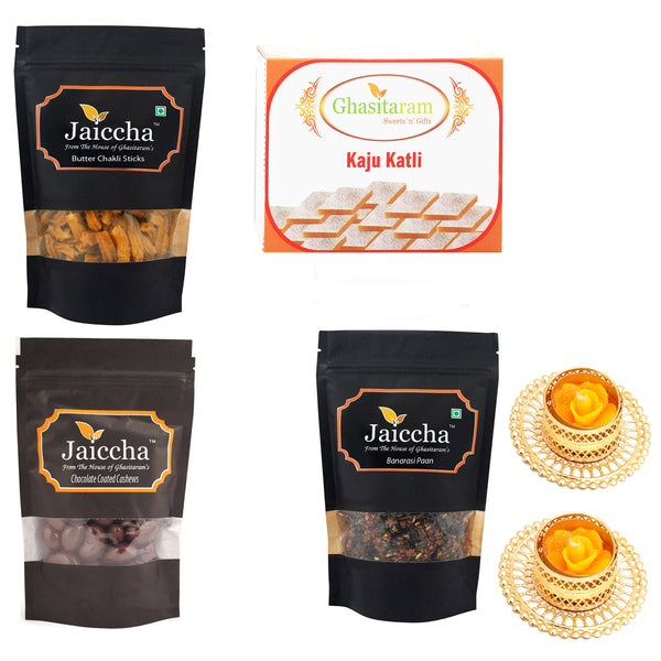 Best of 4 Kaju Katli, Butter Chakli Sticks, Banarsi Paan and Chocolate Coated Almonds  with 2 T-lites