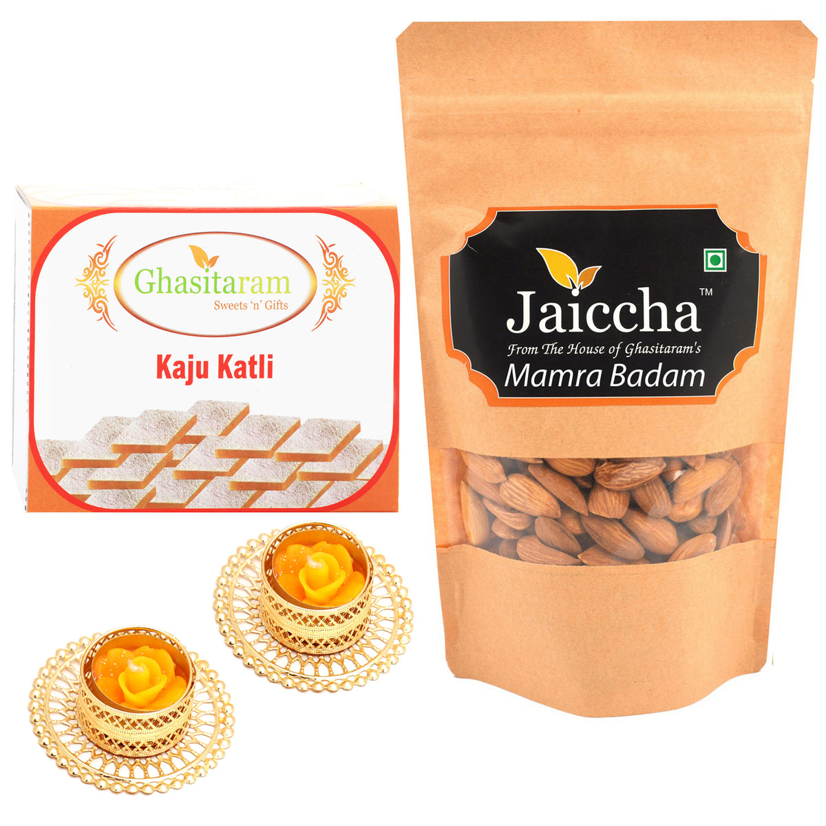 Best of 2 Kaju Katlis, and Mamra Almonds  with 2 T-lites