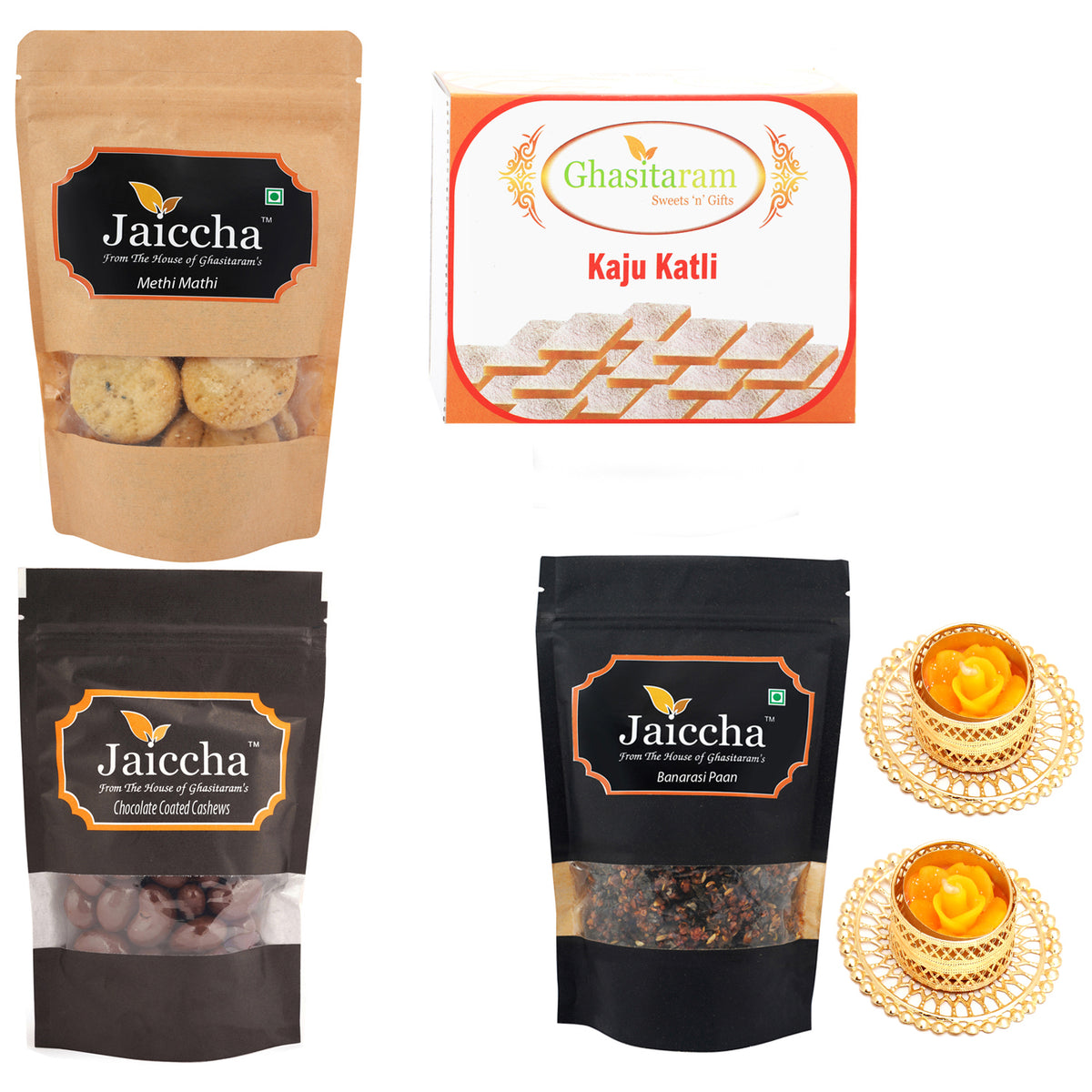 Best of 4 Kaju Katlis, Methi Mathi, Banarsi Paan and Chocolate Coated Almonds  with 2 T-lites