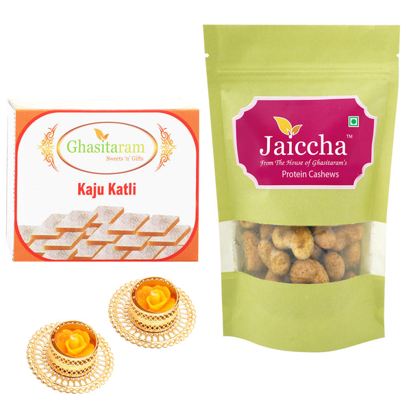 Best of 2 Kaju Katlis and Crunchy Coated Cashews   with 2 T-lites