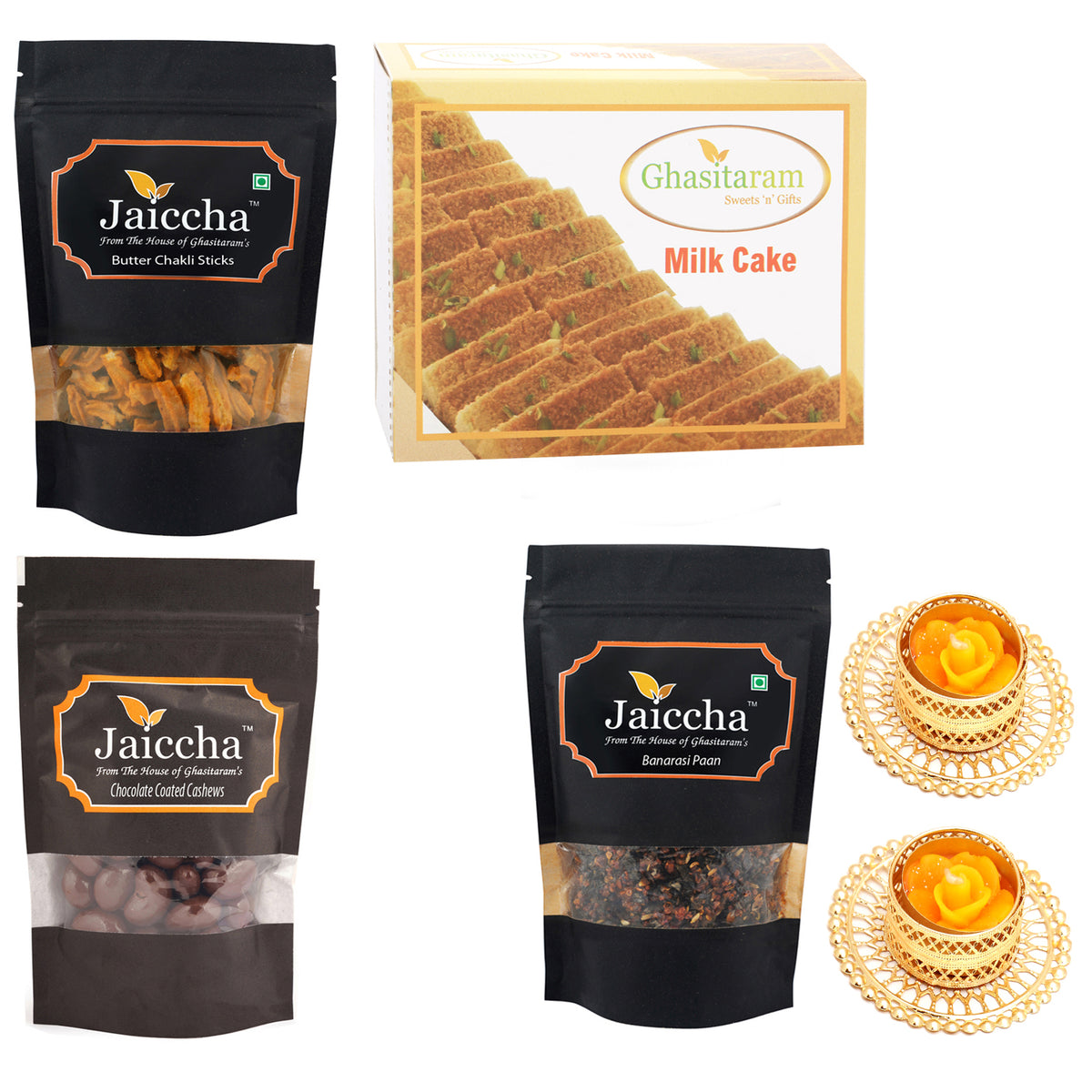 Best of 4 Milk Cake, Butter Chakli Sticks, Banarsi Paan and Chocolate Coated Almonds  with 2 T-lites