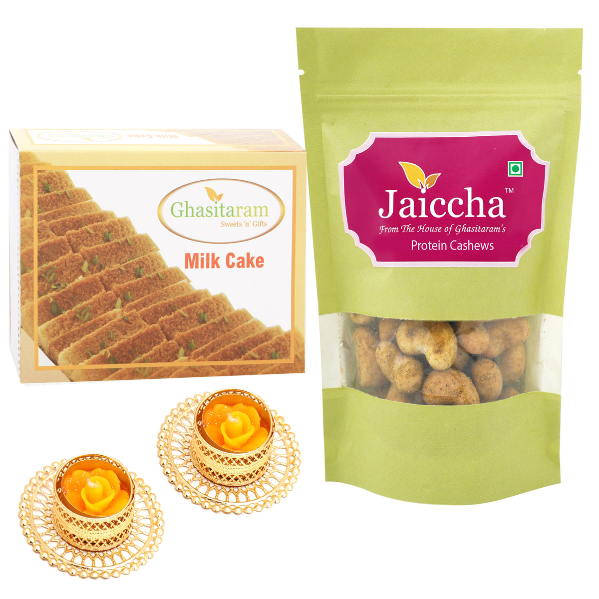 Best of 2 Milk cake and Crunchy Coated Cashews   with 2 T-lites