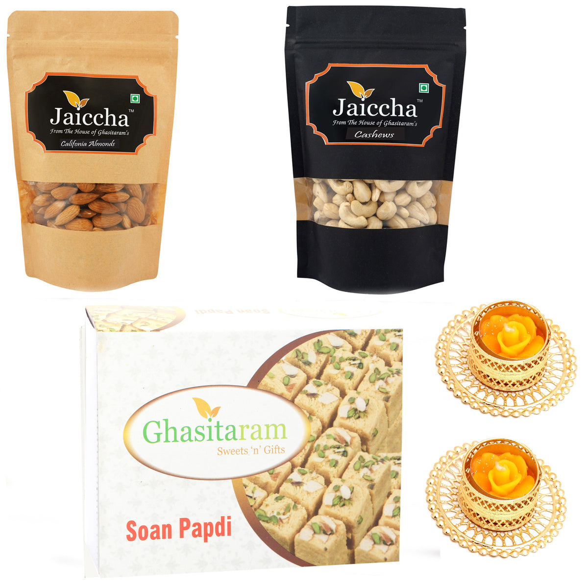 Best of 3 Almonds, Cashews and Soan Papdi  with 2 T-lites