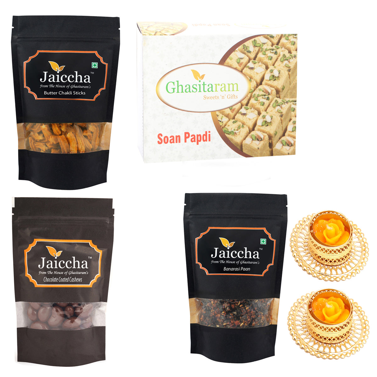 Best of 4 Soan Papdi, Butter Chakli Sticks, Banarsi Paan and Chocolate Coated Almonds  with 2 T-lites
