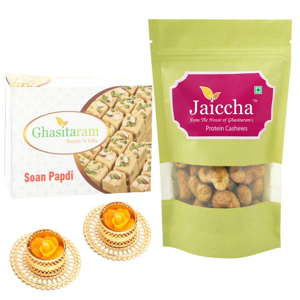 Best of 2 Soan Papdi and Crunchy Coated Cashews   with 2 T-lites