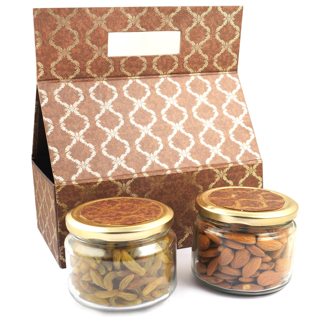 2 Jars Bag Box of Almonds and Raisins