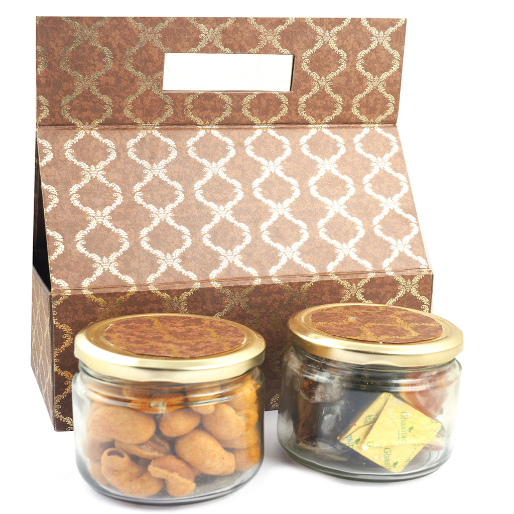 2 Jars Bag Box of Assorted Bites and Crunchy Coated Cashews 