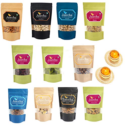 Pack of 11 dryfruits Cashews, Almonds, Raisins, Pistachios, Figs , Dried Apricots, Walnuts, Crunchy Coated Cashews , Chooclate Coated Almonds, Kiwi and Cranberry with 2 T-lites