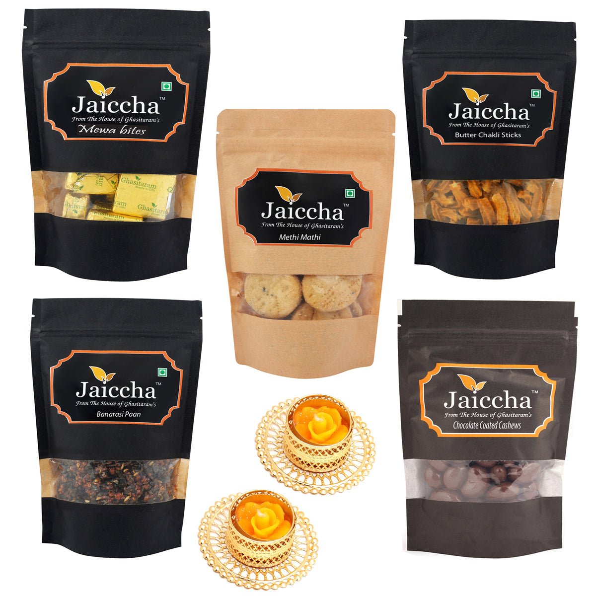 Best of 5 Mewa Bites, Butter Chakli Sticks, Methi Mathi, Banarsi Paan and Chocolate Coated Almonds with 2 T-lites