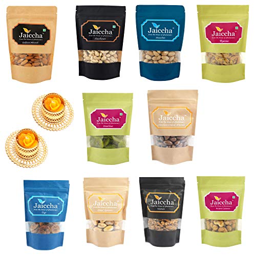 Pack of 10 dryfruits Cashews, Almonds, Raisins, Pistachios, Figs , Dried Apricots, Walnuts, Crunchy Coated Cashews , Chooclate Coated Almonds and Kiwi with 2 T-lites