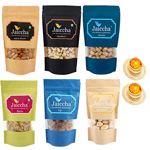 Best of 6 dryfruits Cashews, Almonds, Raisins, Pistachios, Figs and Dried Apricots with 2 T-lites