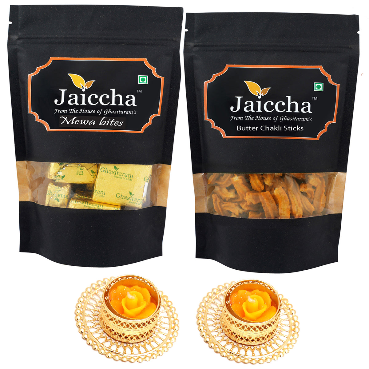 Best of 2 Mewa Bites and Butter Chakli Sticks Pouch with 2 T-lites