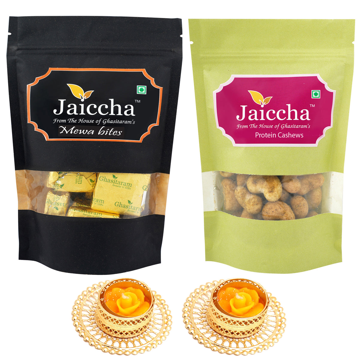 Best of 2 Mewa Bites and Crunchy Coated Cashews  with 2 T-lites