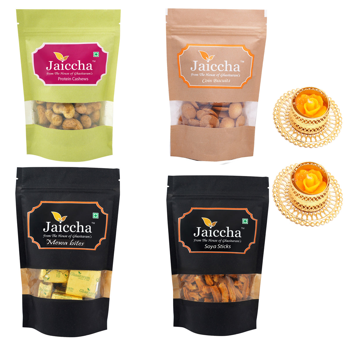 Best of 4  Mewa Bites Pouch,Coin Biscuits; Soya Sticks Pouch; Crunchy Coated Cashews  Pouch with 2 T-lites