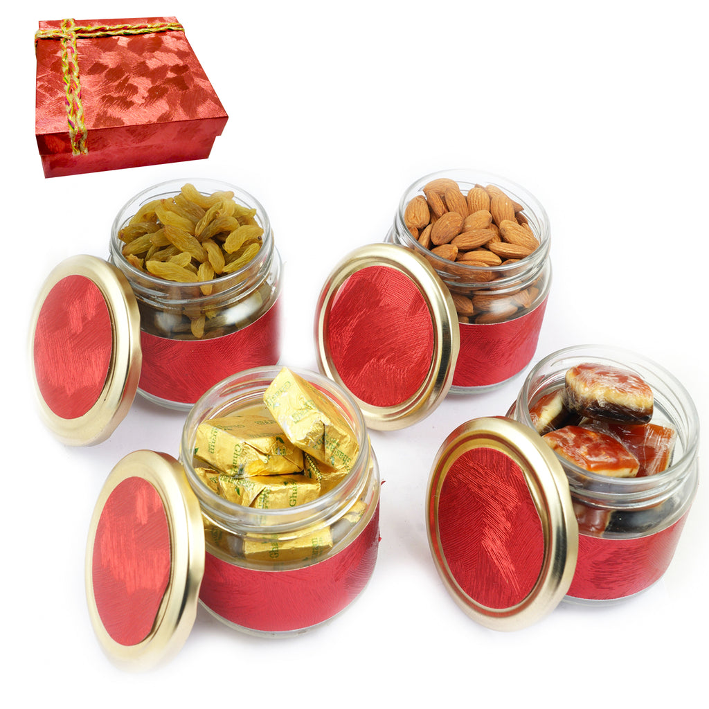 Red 4 Jars box of Mewa Bites, Mango Bites, Almonds and Raisins