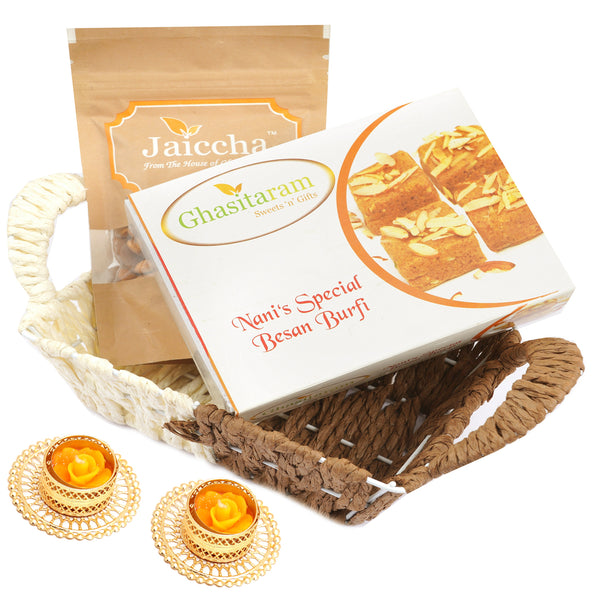 Small Metal Brown Basket of Besan Barfi and Almonds  with 2 T-lites