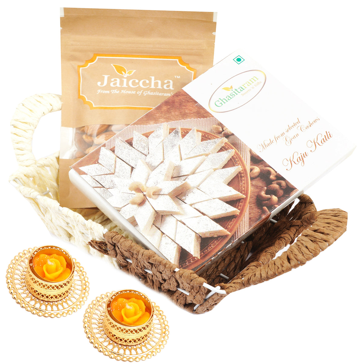 Small Metal Brown Basket of Kaju Katlis and Almonds with 2 T-lites