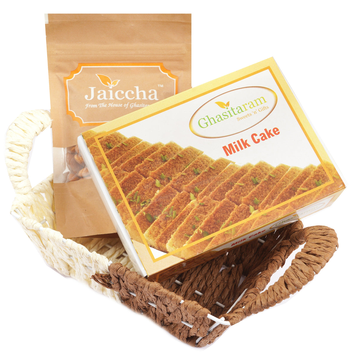 Small Metal Brown Basket of Milk Cake and Almonds 