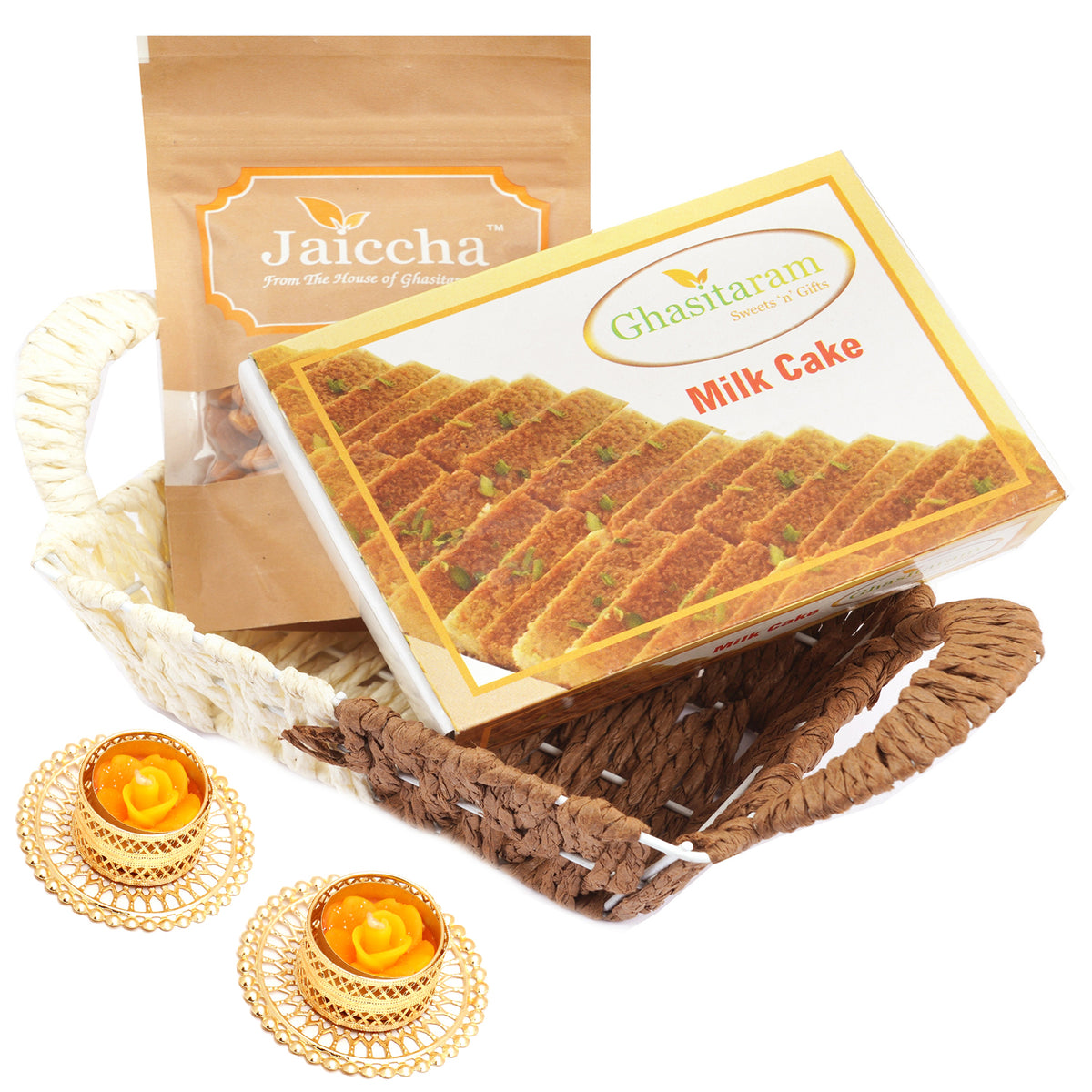 Small Metal Brown Basket of Milk Cake and Almonds with 2 T-lites