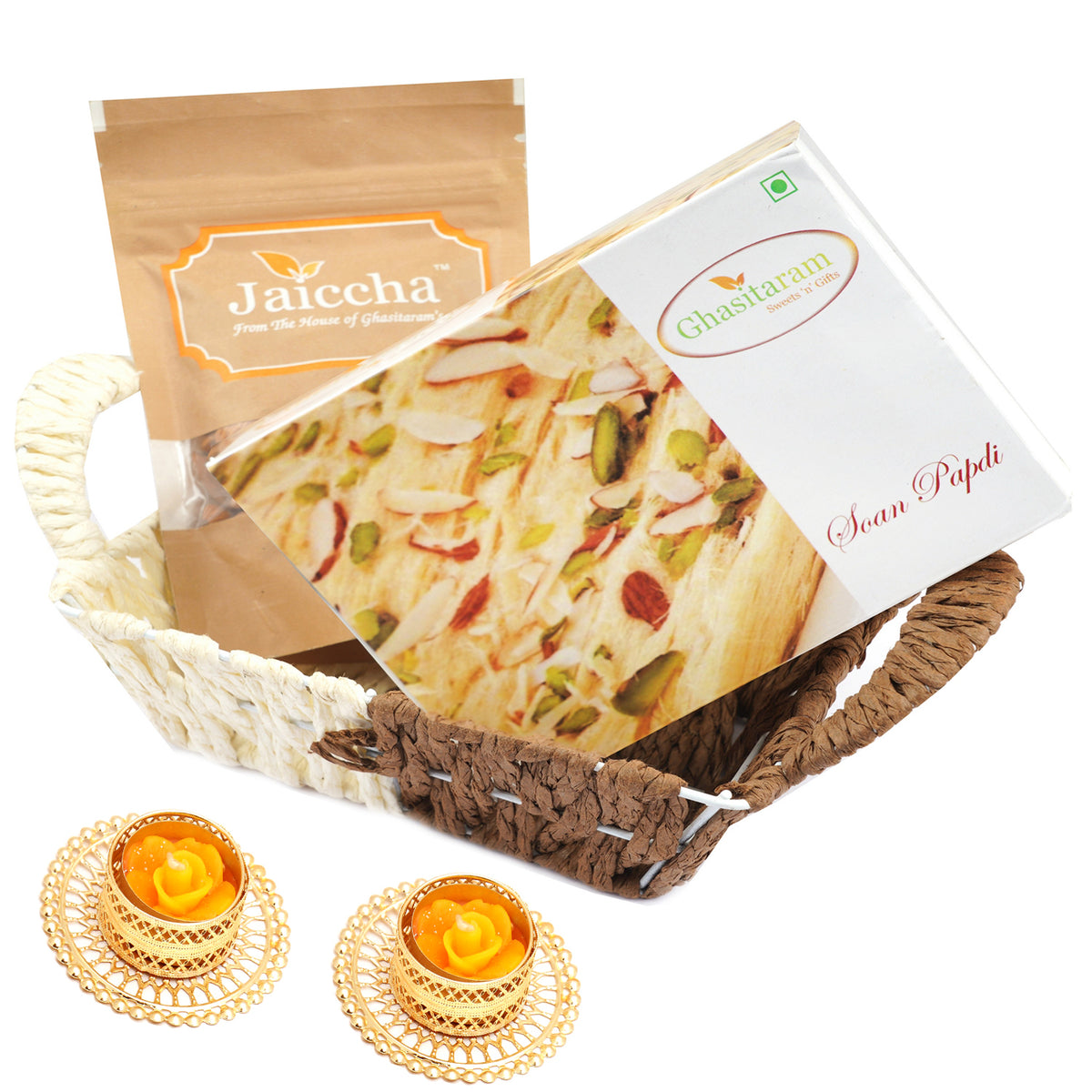 Small Metal Brown Basket of Soan Papdi and Almonds with 2 T-lites