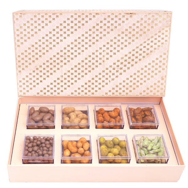 8 container box of Chocolate Coated Almonds, Chocolate Coated Butterscotch, Crunchy Cashews, Crunchy Peanuts, Peri Peri Almonds and Paan Raisins