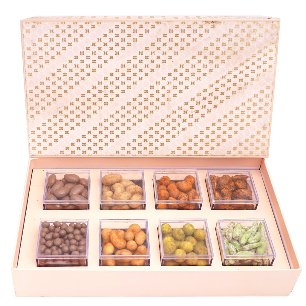 8 container box of Chocolate Coated Almonds, Chocolate Coated Butterscotch, Crunchy Cashews, Crunchy Peanuts, Peri Peri Almonds and Paan Raisins