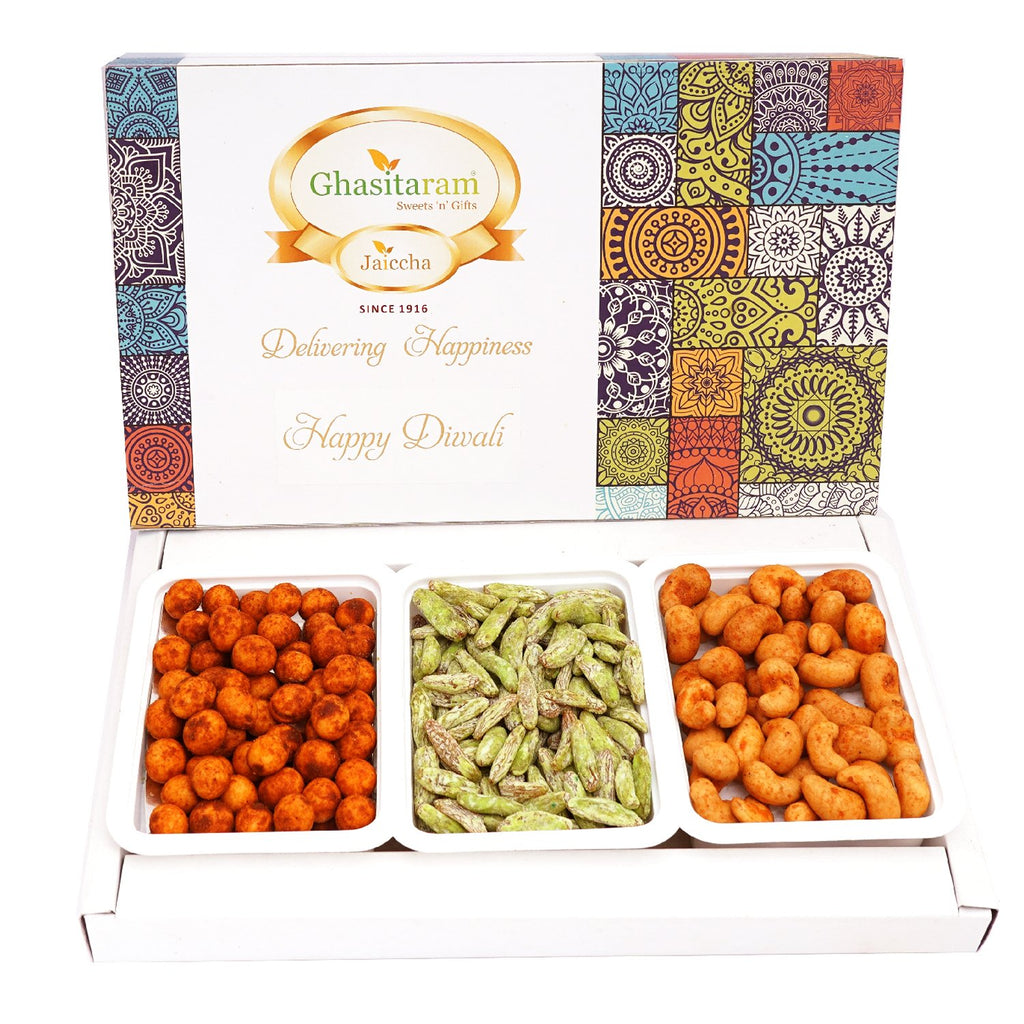 Assorted Festive  Box of Crunchy Cashews, Crunchy Peanuts and Paan Raisins