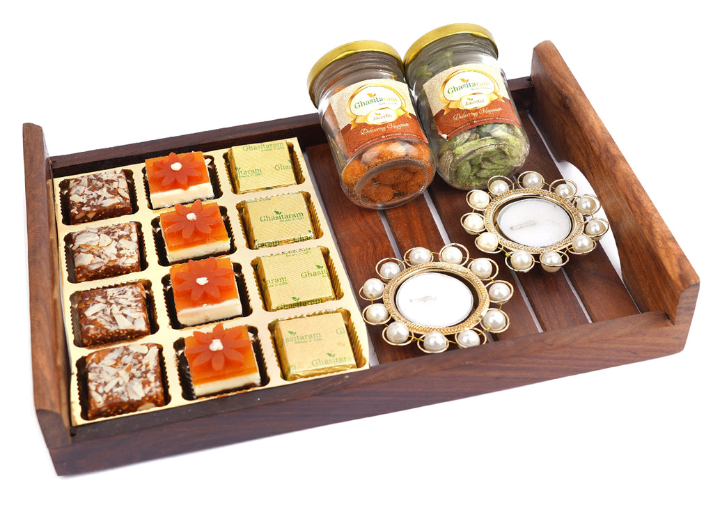 Big Striped Wooden Serving Tray with Assorted Bites 12 pcs,T-lites, Paan Raisins and Crunchy Coated Cashews